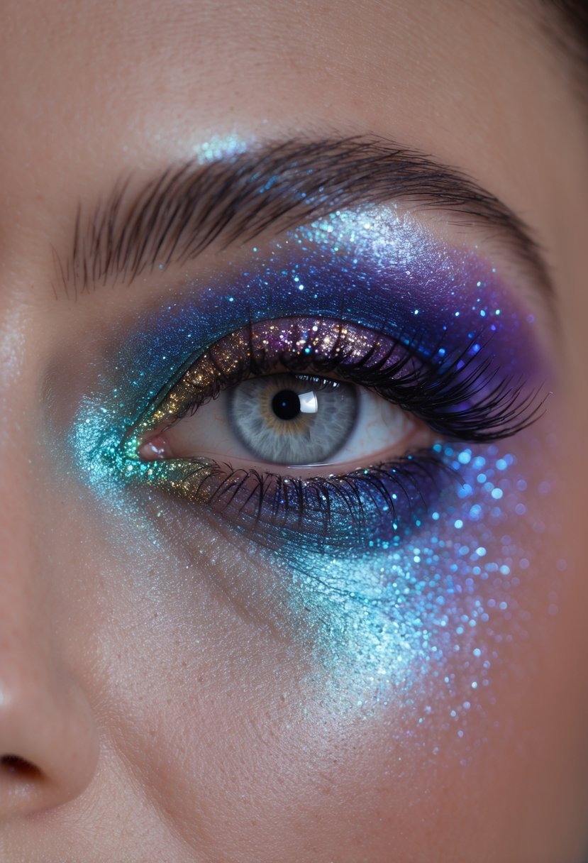 Close-up of a woman's eye with colorful glitter eyeshadow in six sparkling shades.