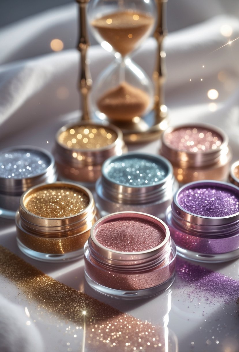 Close-up of six open glitter eyeshadow containers with an hourglass timer beside them on a reflective surface.