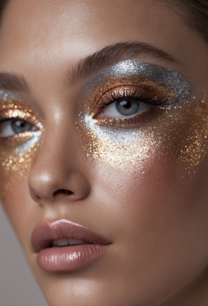 Close-up of a woman's eye with six shades of metallic glitter eye makeup applied on the eyelid.