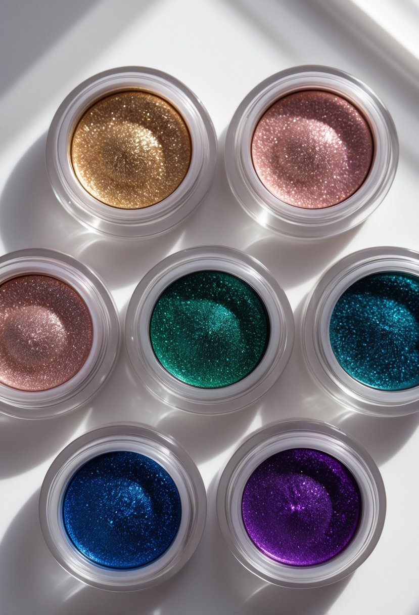 Six open pots of glitter eyeshadow in various colors arranged on a white surface.