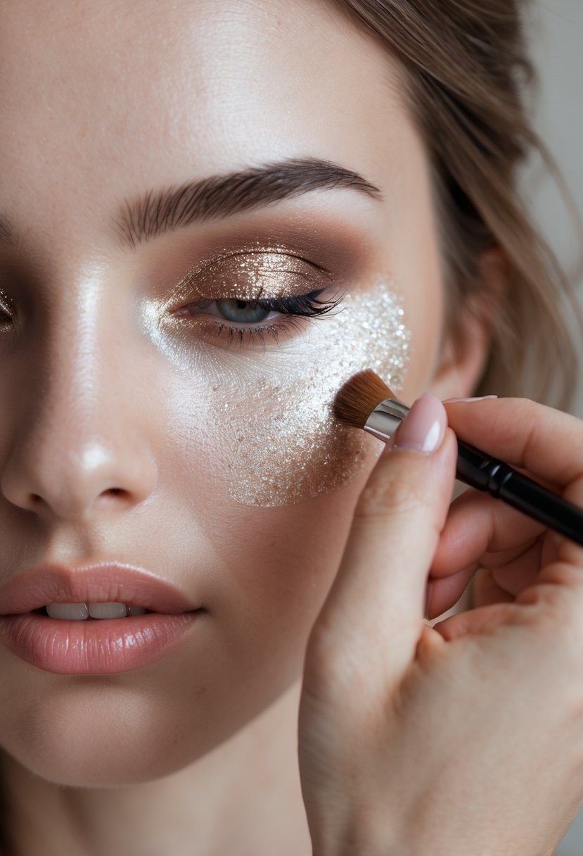Close-up of a woman applying eye primer on her eyelid in preparation for glitter eye makeup.