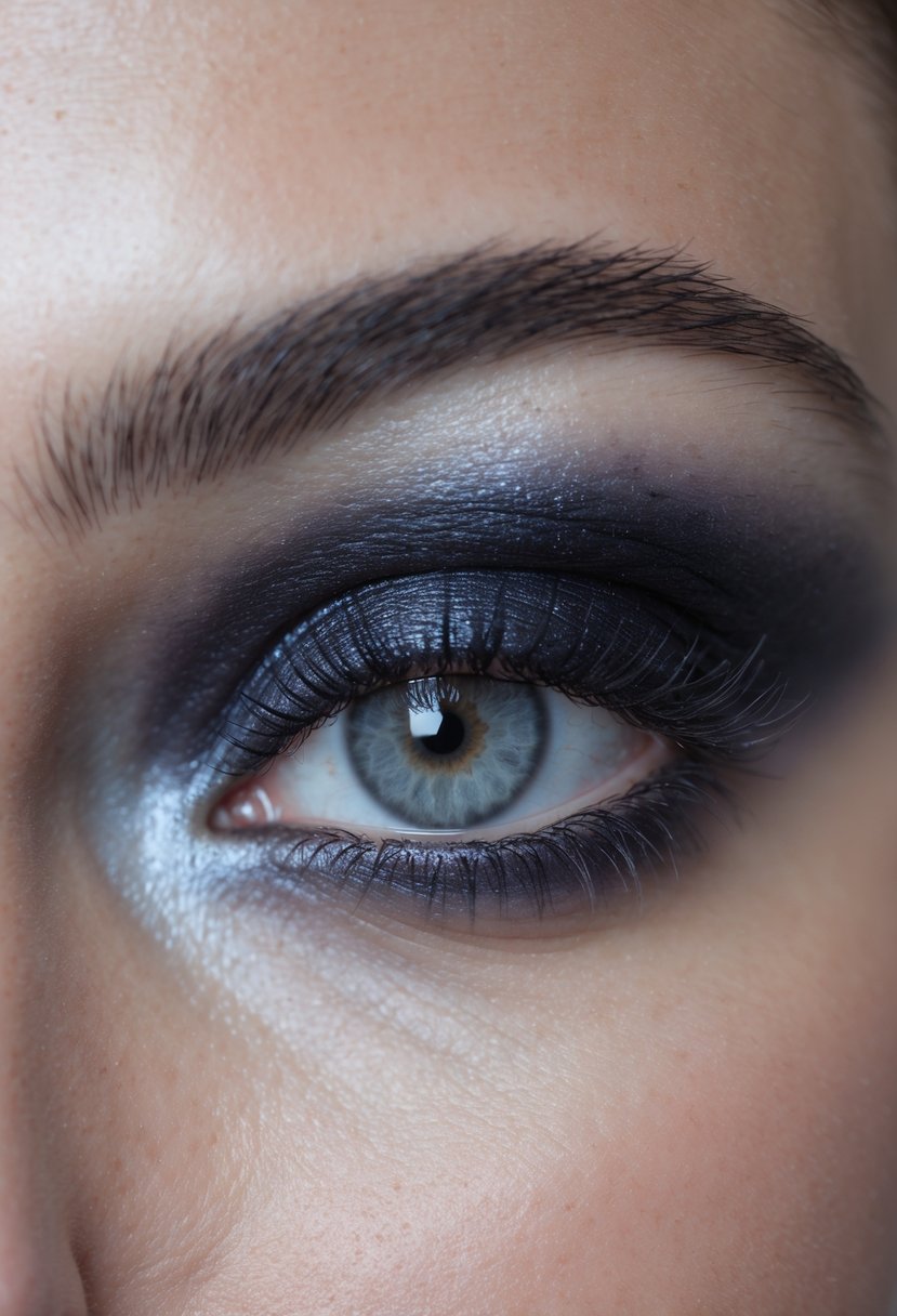 Close-up of a woman's eye with dark smokey eye makeup and well-groomed eyebrow.