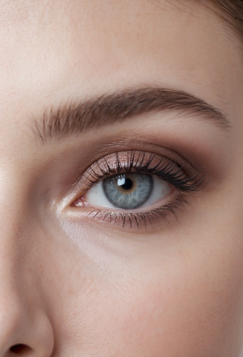 Close-up of a woman's eye with neutral cream eyeshadow applied from the lashline to the crease.