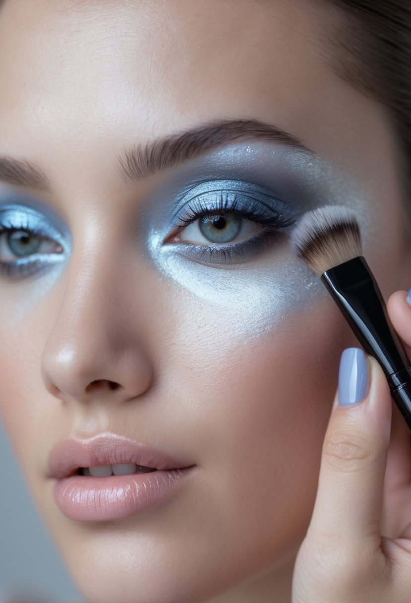 Close-up of a woman applying cool-toned smokey eye makeup with a brush near her eyelid.