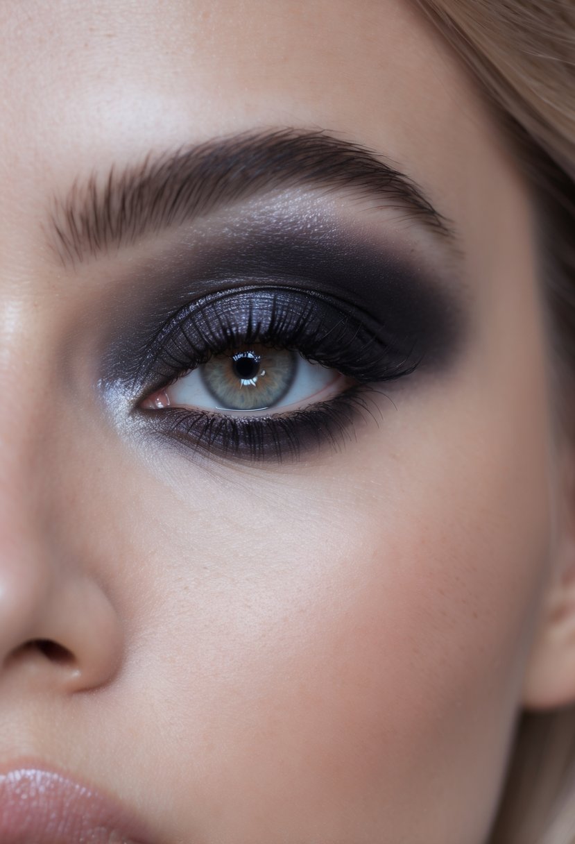 Close-up of a woman's eye with dark smokey eyeshadow smudged along the lower lashline.