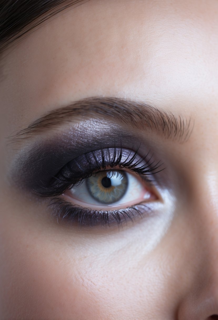 Close-up of a woman's eye with smokey eye makeup, showing smooth blended eyeshadow and long eyelashes.