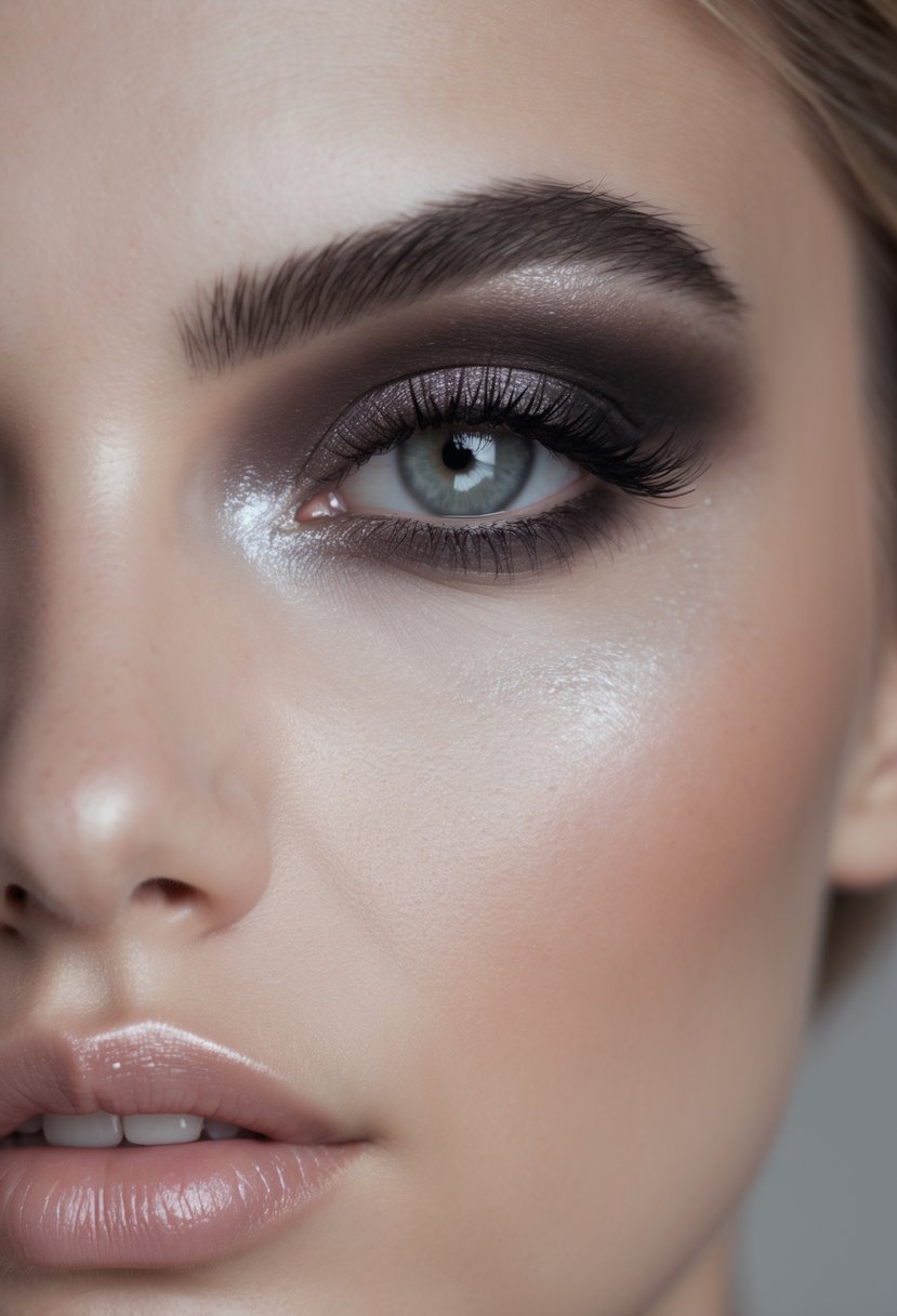 Close-up of a woman’s eyes with smokey eye makeup enhancing her eye shape.