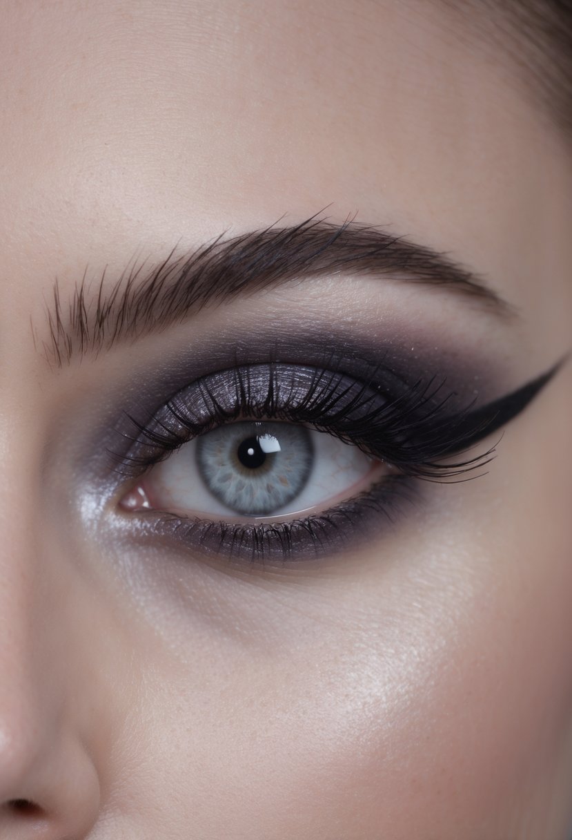 Close-up of a woman's eye with winged eyeliner and smokey eye makeup.