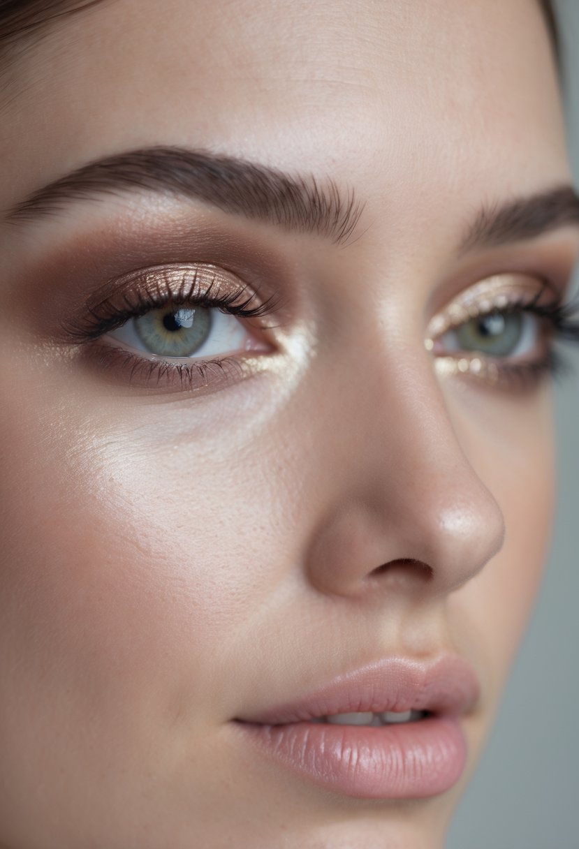 Close-up of a woman's eyes with natural eyeshadow in soft neutral shades.