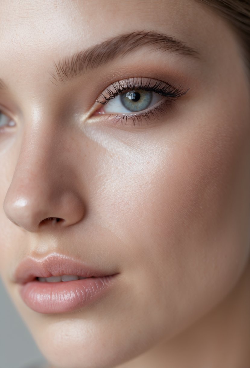 Close-up of a woman's eyes with light mascara applied on the upper lashes.