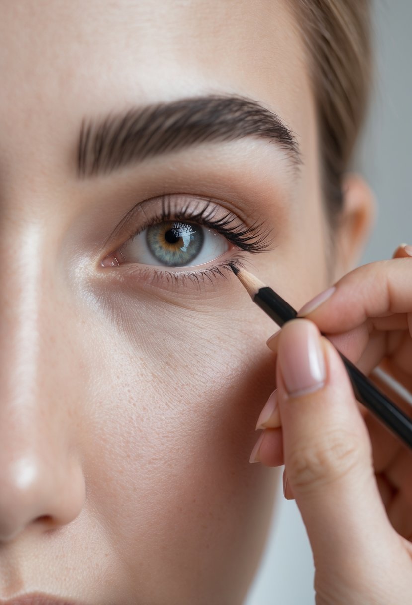 Close-up of a person filling in their eyebrows with a pencil using light strokes near their natural eye makeup.