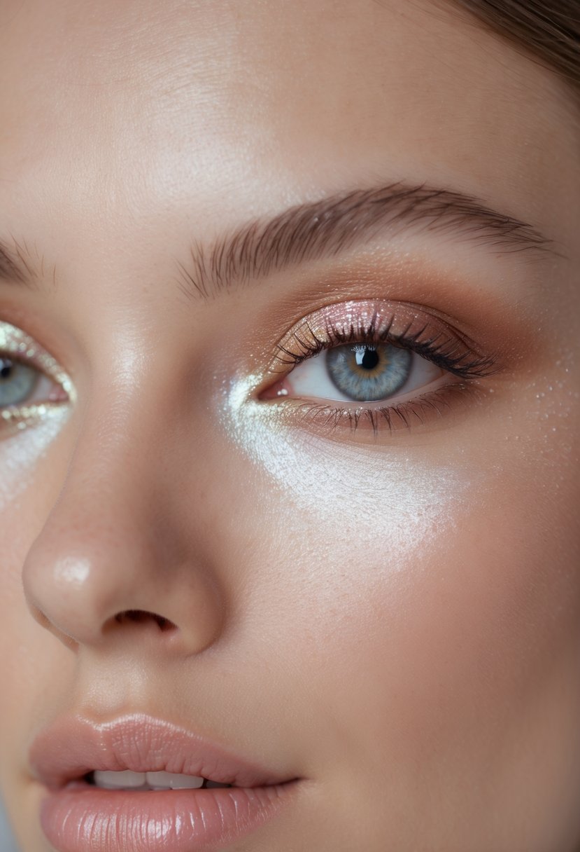 Close-up of a woman's eyes with natural makeup and shimmery eyeshadow on the eyelids.