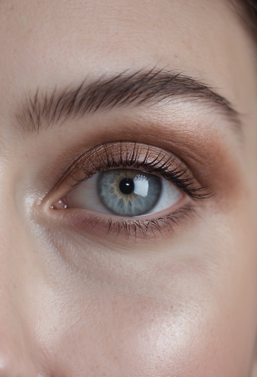 Close-up of a woman's eye with softly blended natural eyeshadow and light mascara.