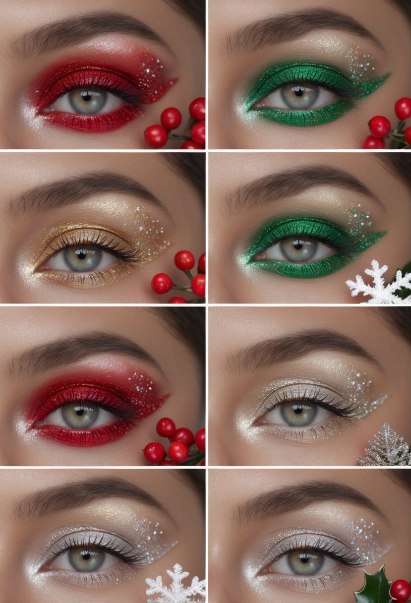 Close-up images of nine different eyes with various Christmas-themed makeup designs featuring red, green, gold, silver, and white colors.