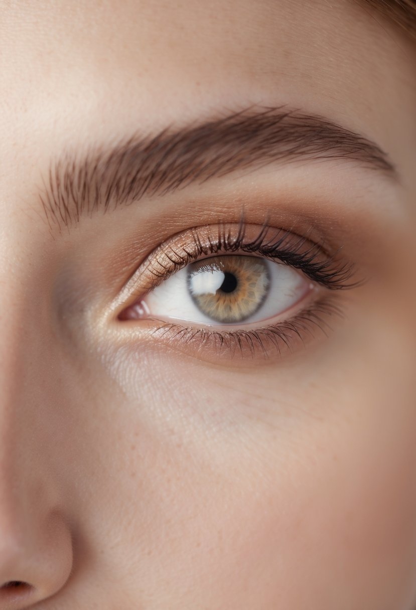 Close-up of a woman's eye with natural-looking makeup in soft neutral tones and well-groomed eyebrow.