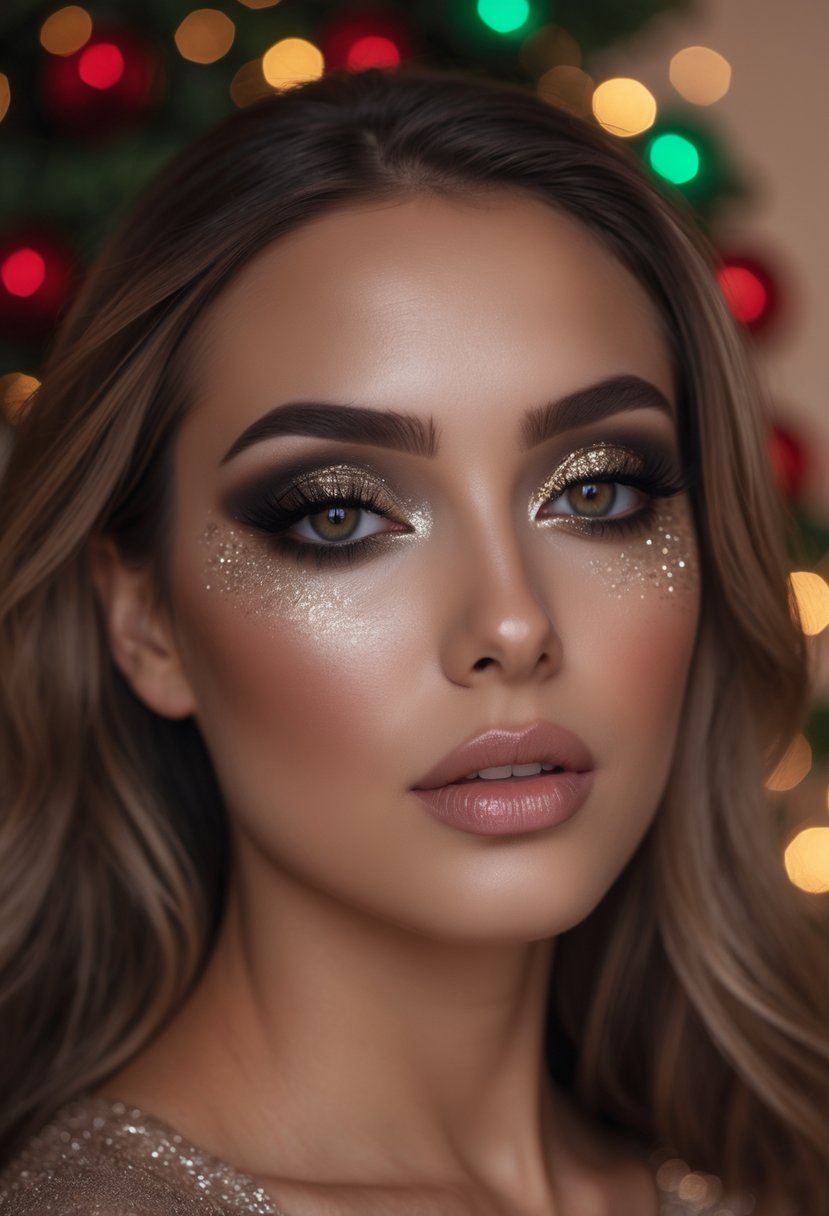 Close-up of a woman with smokey eye makeup and glitter accents, surrounded by soft holiday lights.