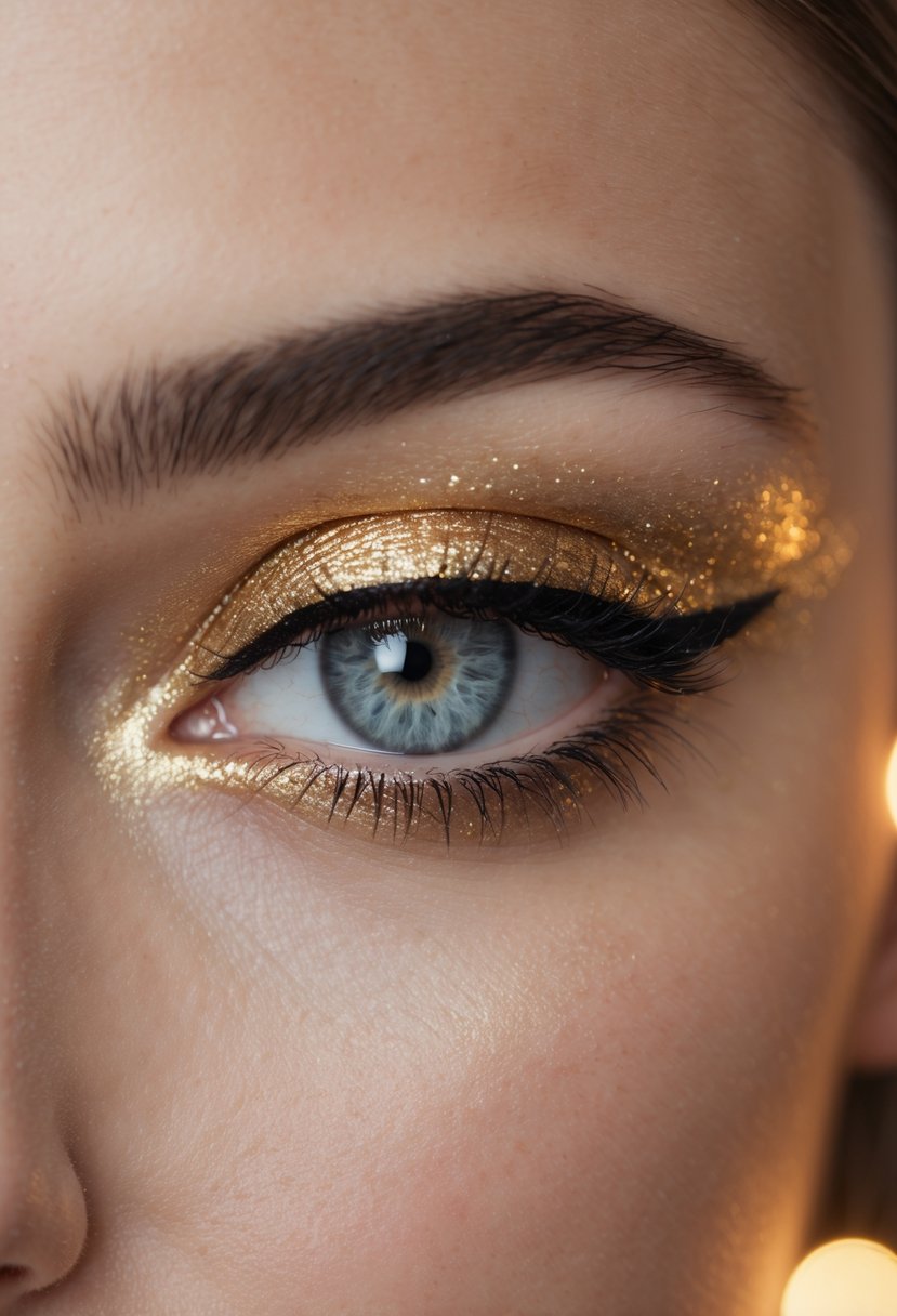 Close-up of a woman's eye with shimmering gold eyeshadow and bold black eyeliner.