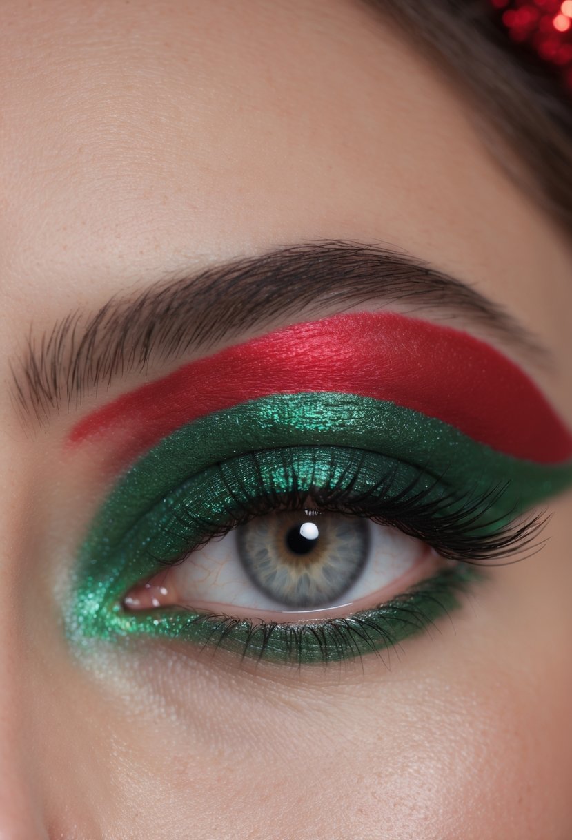 Close-up of an eye with red and green holiday eyeshadow makeup.