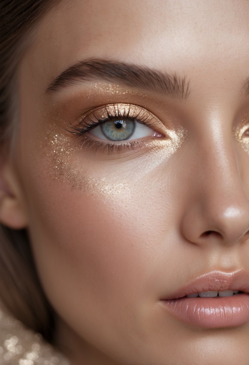 Close-up of a woman's eye with subtle champagne shimmer eyeshadow and natural eyelashes.