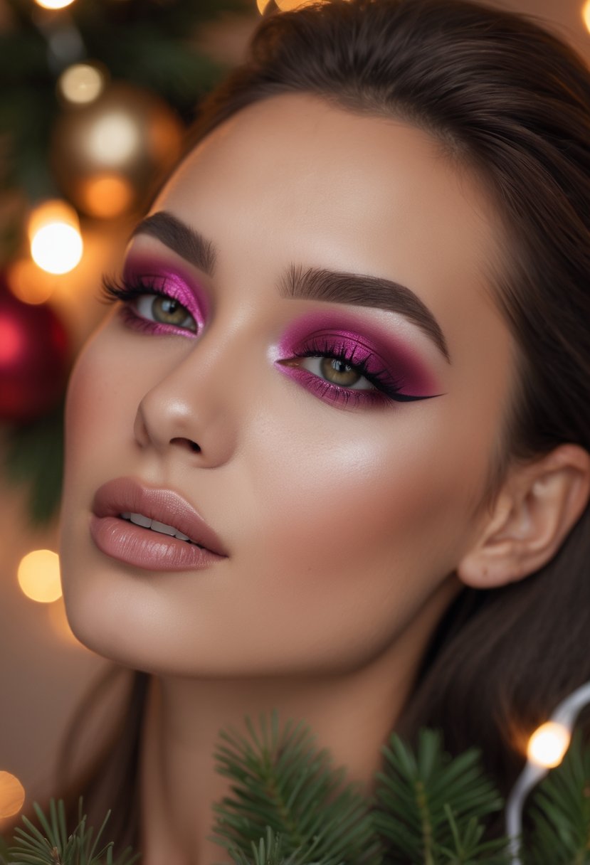 Close-up of a woman with bold berry-colored eyeliner and festive eye makeup, with soft holiday lights in the background.