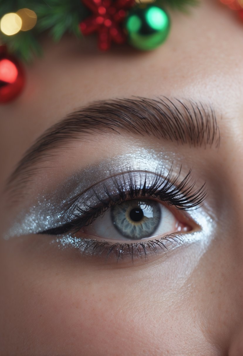 Close-up of a female eye with metallic silver eyeshadow and white eyeliner, surrounded by soft holiday colors.