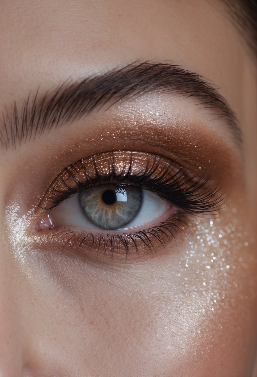 Close-up of a woman's eye with warm bronze eyeshadow and subtle sparkle, showing long eyelashes and smooth skin.