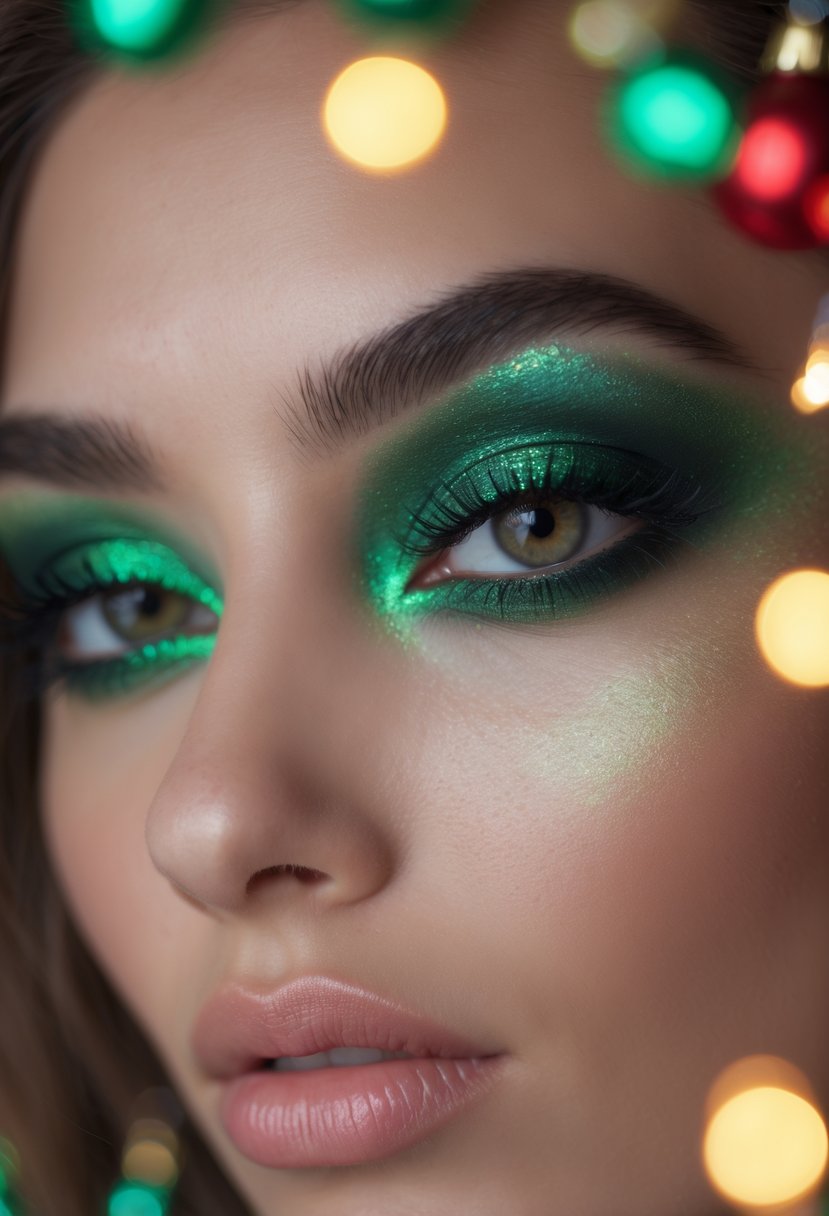 Close-up of a woman's eyes with emerald green smoky eye makeup and long lashes against a softly blurred festive background.