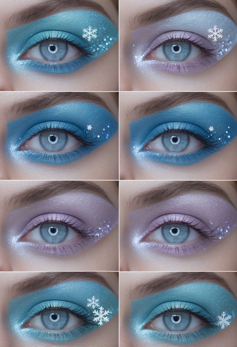Close-up collage of nine eyes each featuring different frosted pastel blue Christmas eye makeup designs.