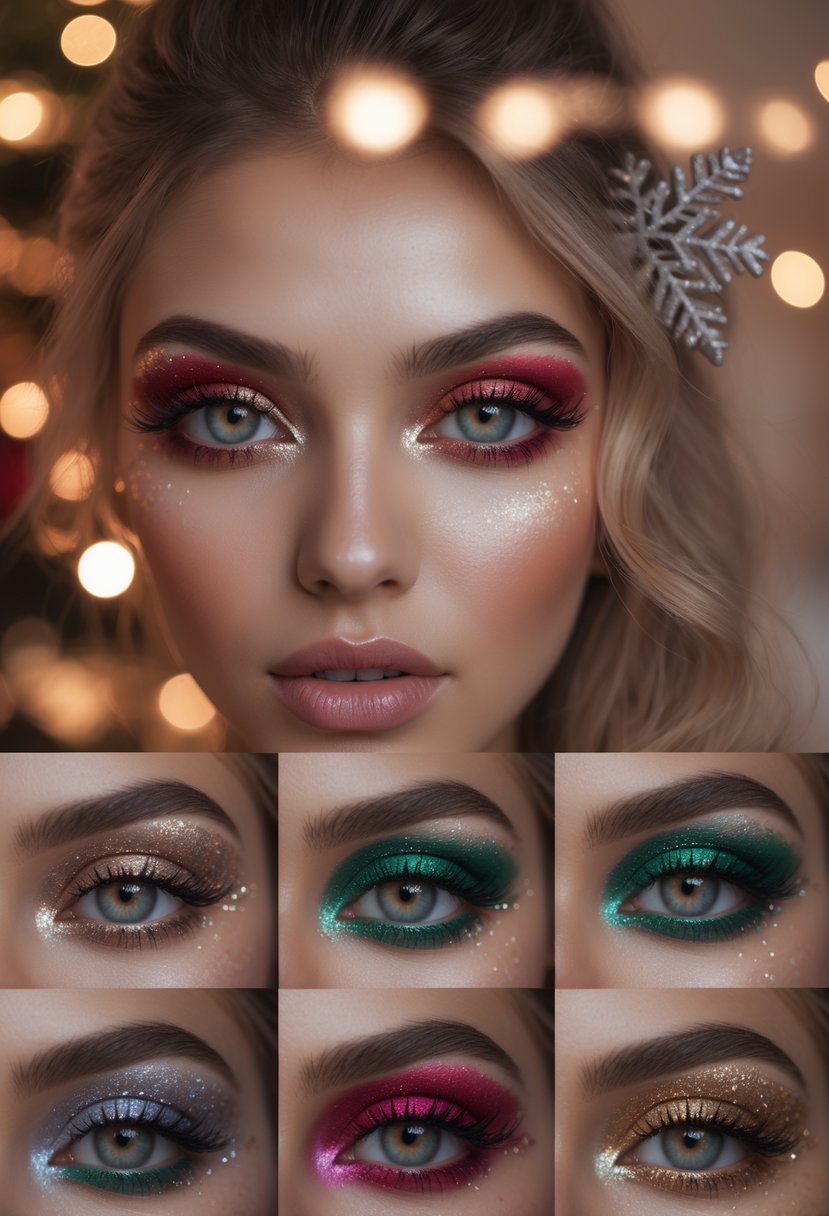 Close-up of a woman’s face showing nine different festive Christmas eye makeup styles with vibrant colors and glitter, set against a softly lit holiday background.