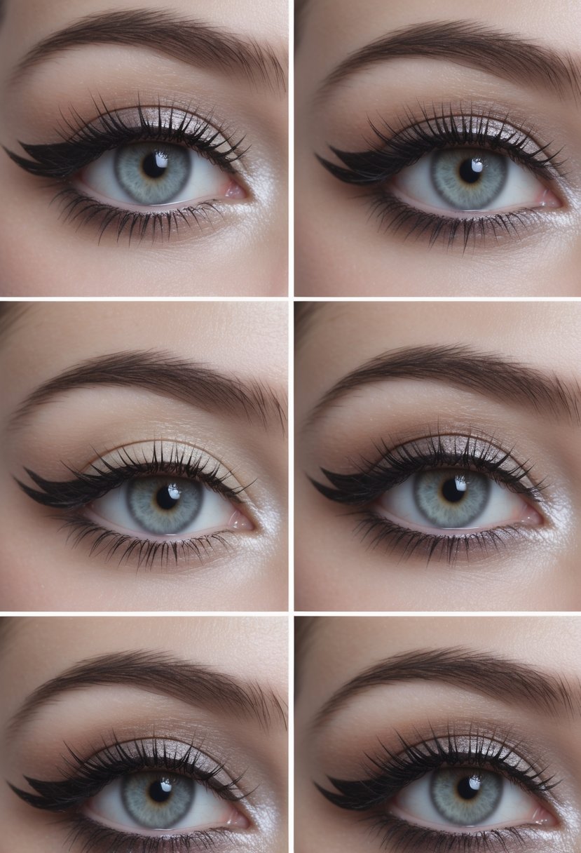 Close-up images of six different eyes showing various cat eye makeup styles with winged eyeliner and eyeshadow.