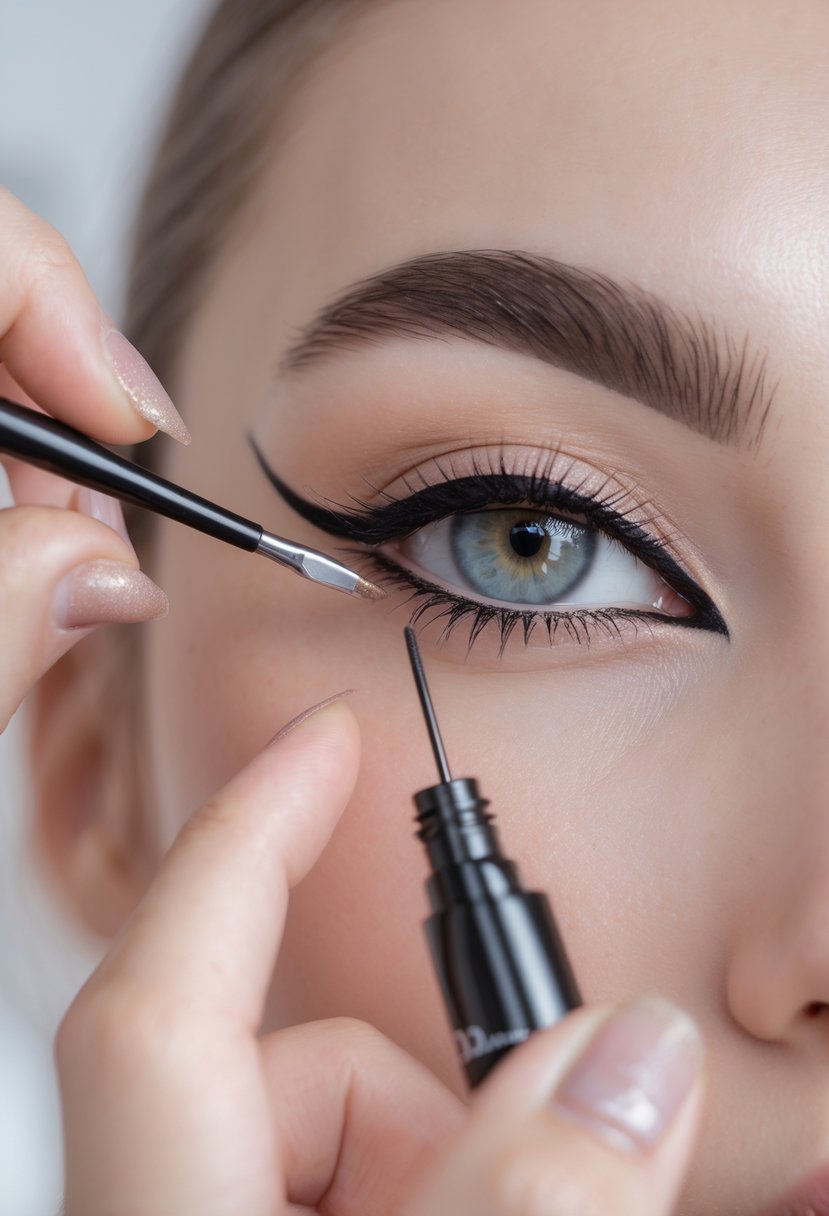 Close-up of a woman's eye with cat eye eyeliner being applied by a makeup artist.