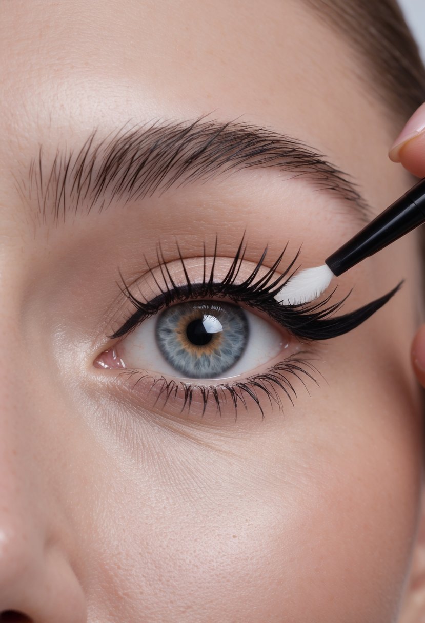 Close-up of a woman applying black cat eye eyeliner with a thin brush along her upper lash line.