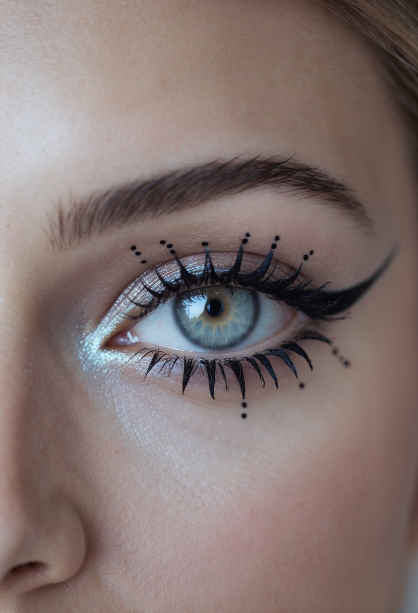 Close-up of a woman's eye with dotted outlines showing the guide for six cat eye makeup wings.