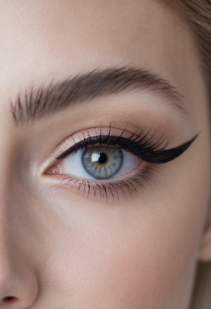 Close-up of a woman's eye with a sharp cat eye wing eyeliner extending outward and slightly upward from the outer corner.