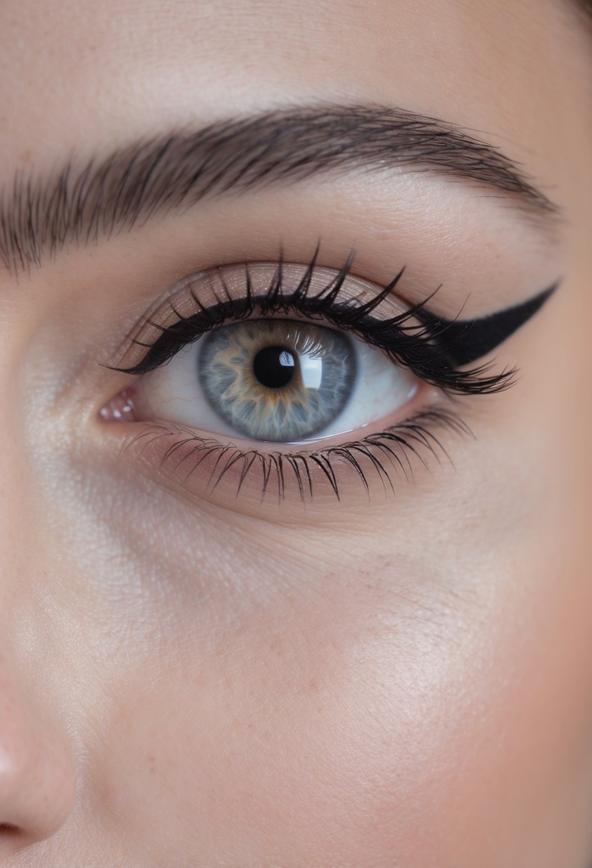 Close-up of a woman's eyes with hooded eyelids and extended winged eyeliner in a cat eye style.