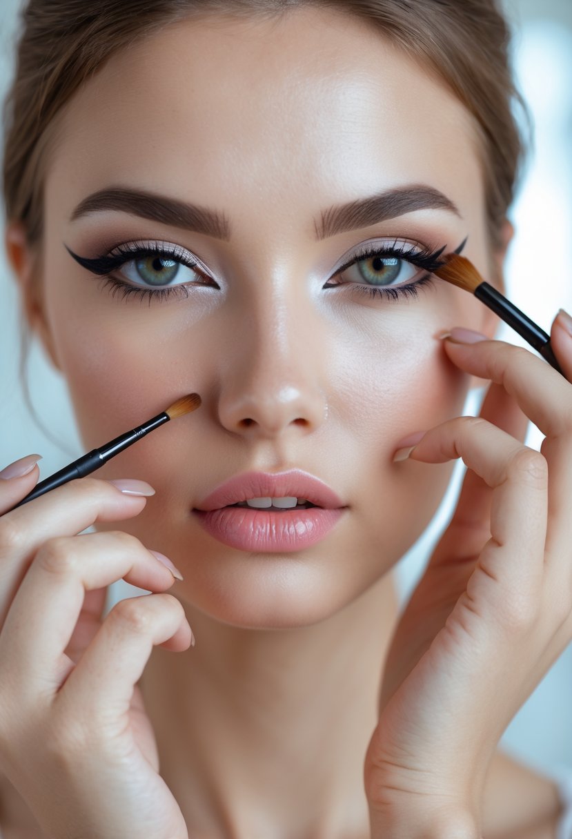 Close-up of a woman applying symmetrical cat eye makeup with an eyeliner brush.