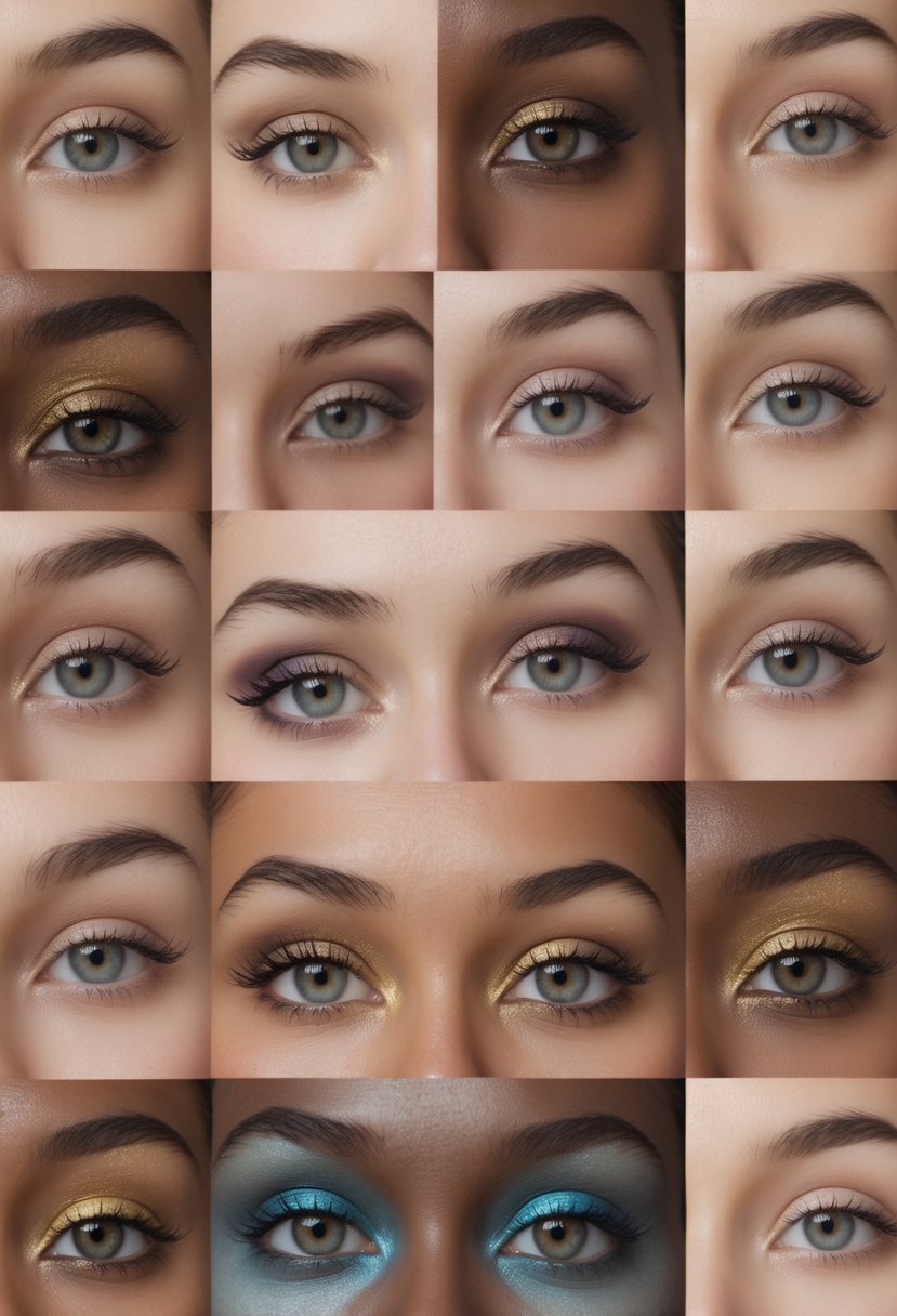 Close-up shots of twelve different women showing various hooded eye makeup styles.