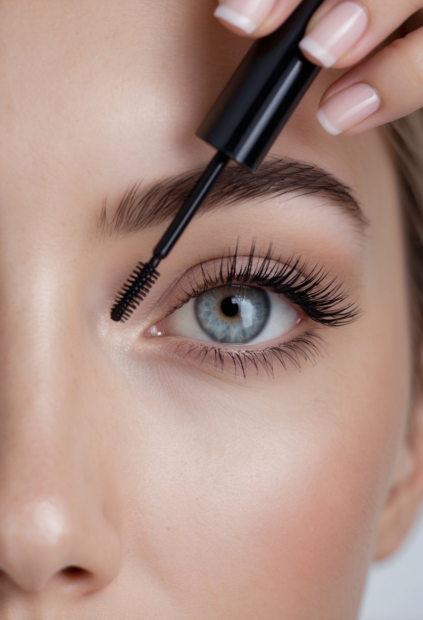 Close-up of a woman applying waterproof mascara to her hooded eyes.