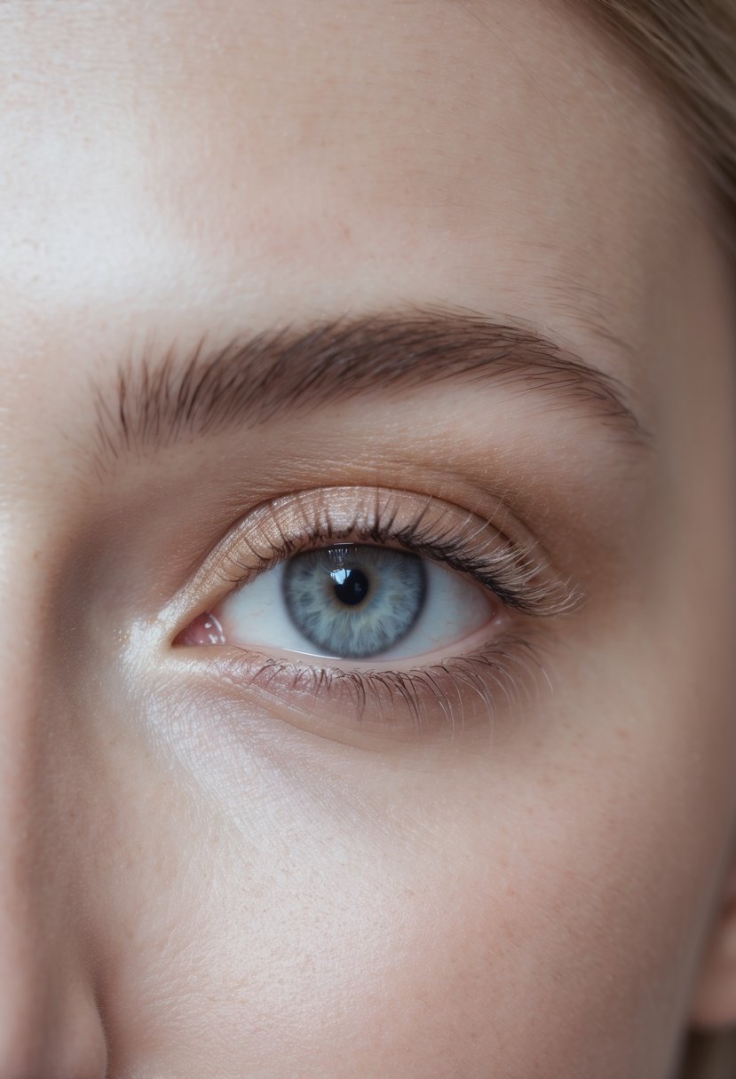 Close-up of a woman's eyes with matte eyeshadow applied to the eyelids.