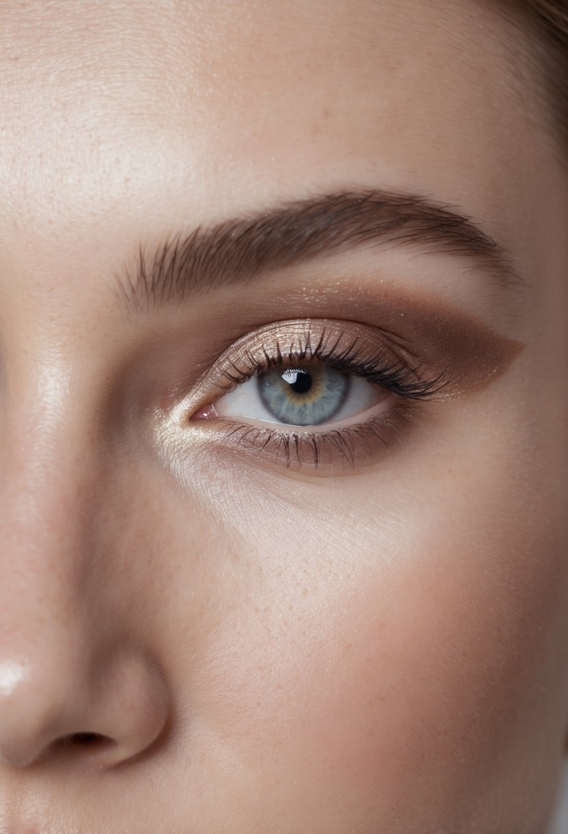 Close-up of a woman's eye with makeup highlighting the brow bone to lift and open hooded eyes.
