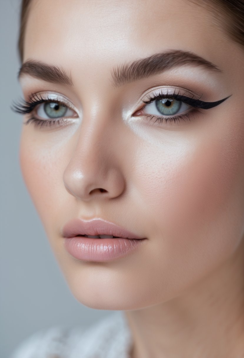 Close-up of a woman's face showing winged eyeliner on hooded eyes.