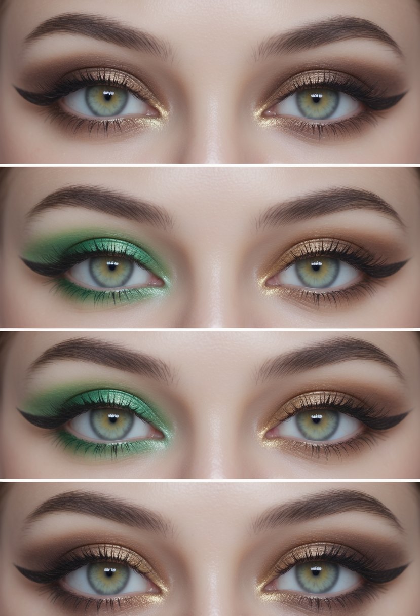 Close-up of a woman’s green eyes showing five different eye makeup styles side by side.