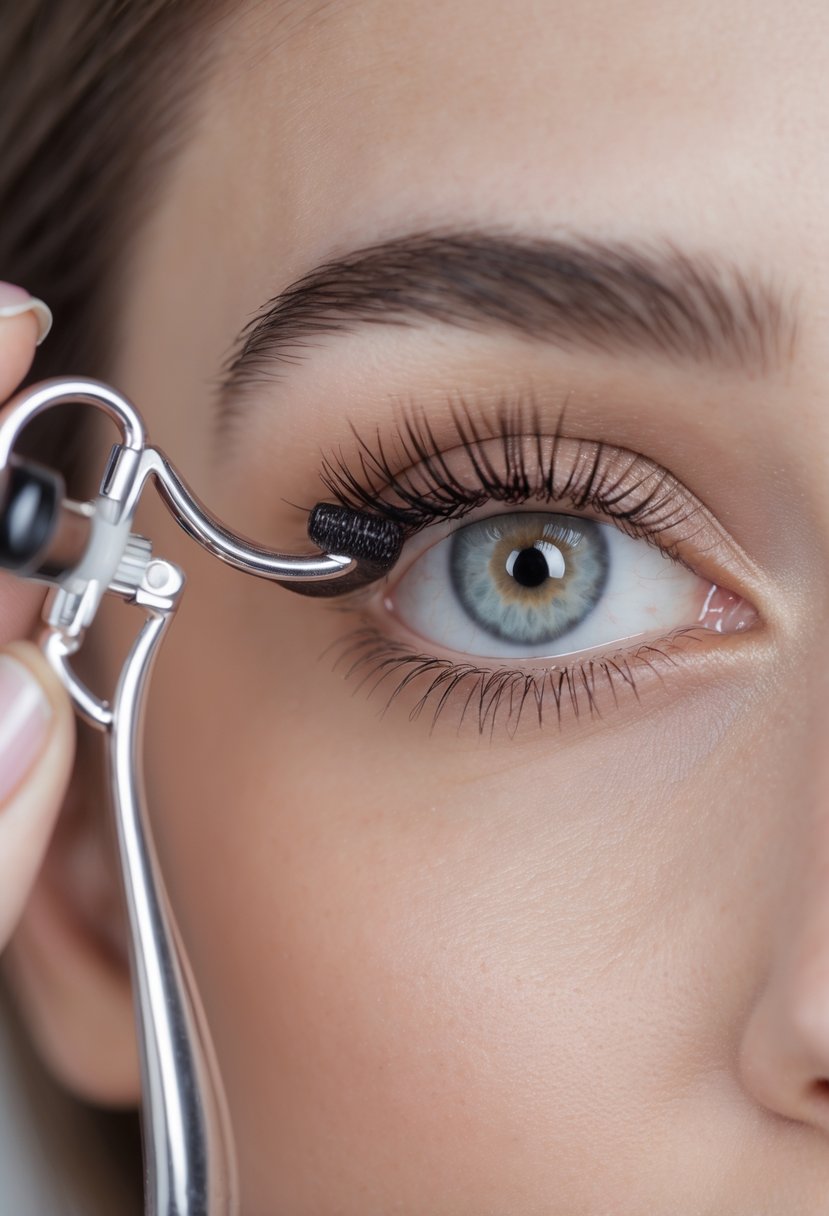 Close-up of a woman curling her eyelashes before applying mascara on hooded eyes.