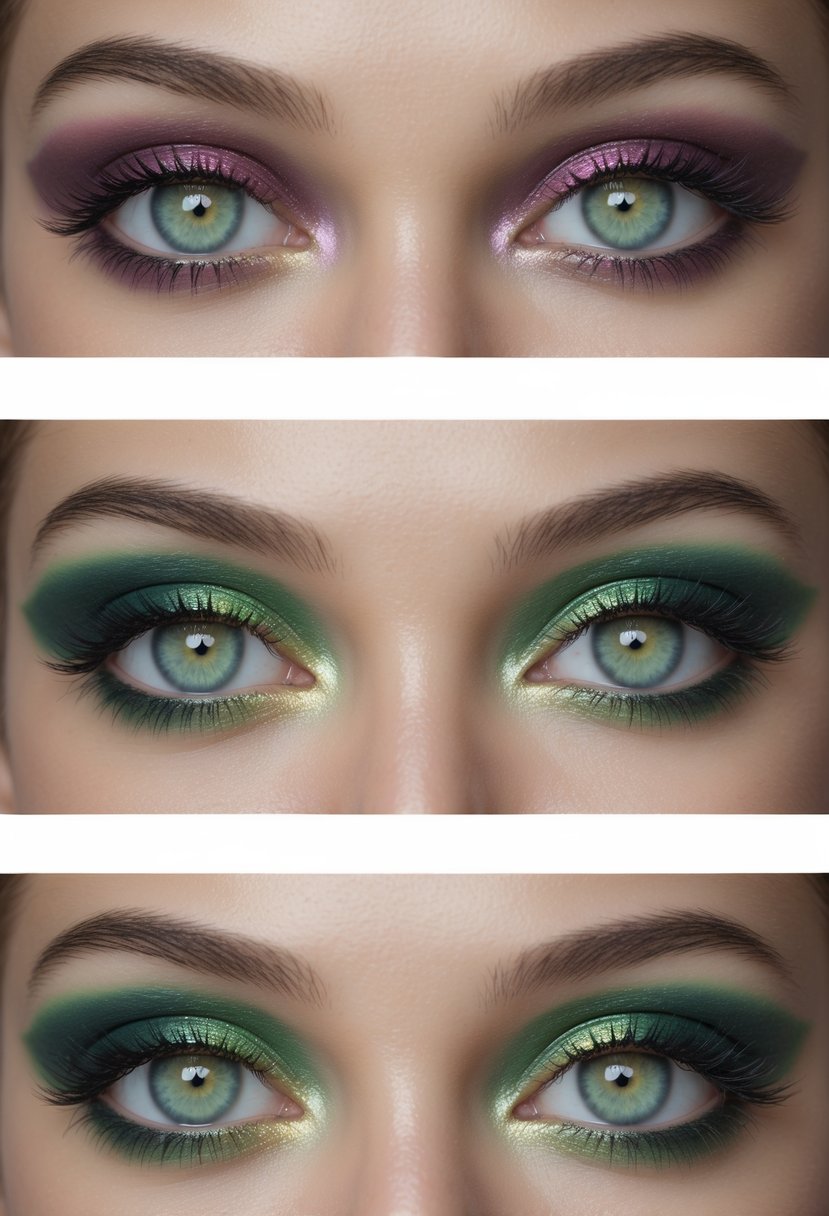 Close-up of a woman with green eyes showing five different eye makeup styles enhancing her eye color.