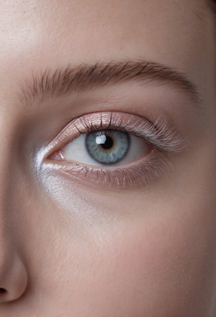 Close-up of a female eye with light, shimmery eyeshadow on the center of the eyelid.