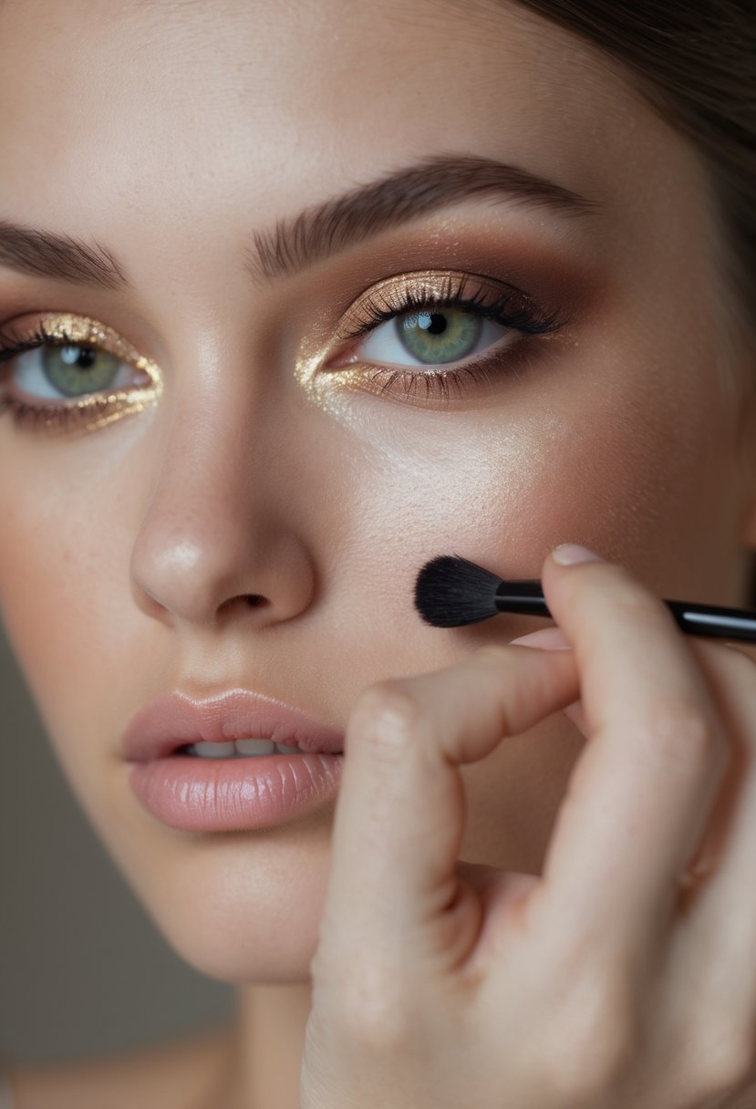 Close-up of a woman applying eye makeup to her green eyes with a makeup brush.