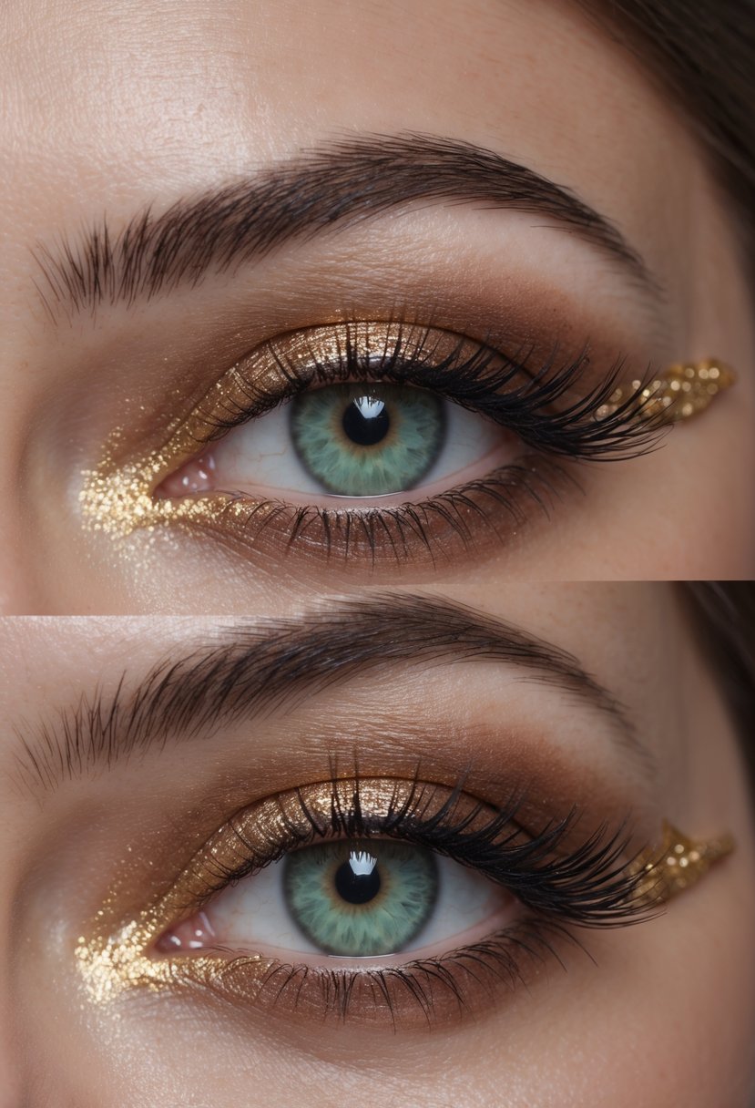 Close-up of green eyes with bronze and gold eye makeup.