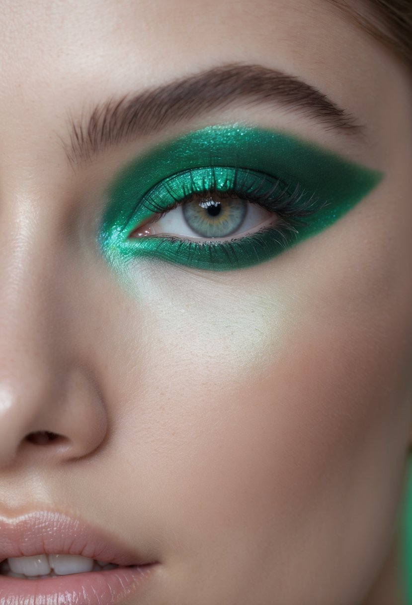 Close-up of a person with green eyes wearing emerald green eyeshadow makeup.