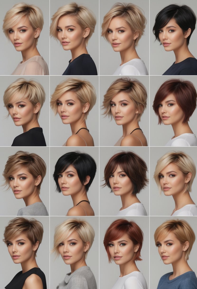A group of 15 women with various short layered haircuts, standing together in a studio with a plain background.