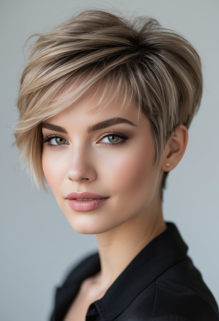 Close-up portrait of a young woman with short layered hair, smiling gently against a plain background.